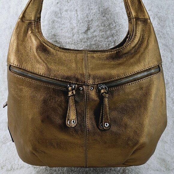 TIGNANELLO Metallic Gold Pebble Leather Double Handle Hobo Shoulder Bag - Picture 1 of 13